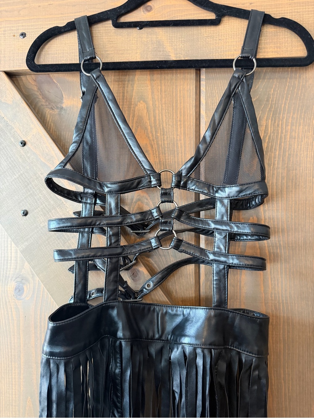 Black Faux Leather Fringe Maxi Dress with Harness Straps - Picture 4 of 13